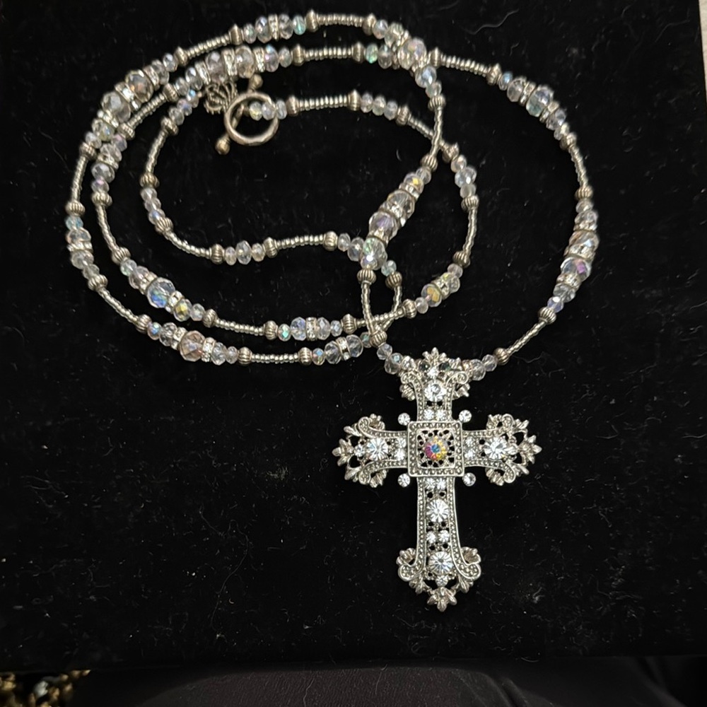 Silver & Crystal Beaded Cross Necklace